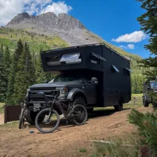 The Wanderbox expedition RV camped in the mountains